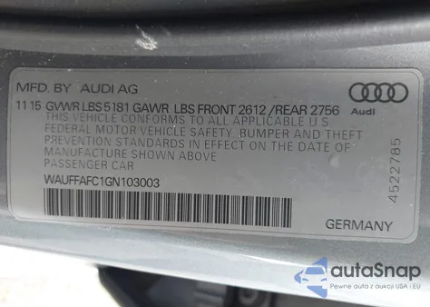 2016 Audi A6 2.0T Premium z USA, uszkodzony, nr VIN WAUFFAFC1GN103003